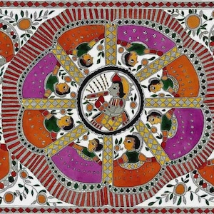 Krishna in Raas with Gopinis- A Madhubani style painting- Hand painted and Printed version. Traditional Indian Folk Painting in watercolour.