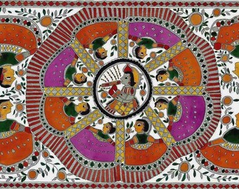 Krishna Raas Leela Painting: Madhubani Folk Art, Traditional Indian Decor