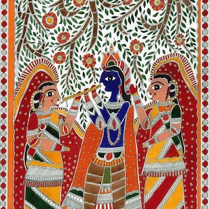Krishna with Gopini - A Madhubani style painting- Hand painted and Printed version, Madhubani Indian Folk Painting, Home Decor, Wall Art.