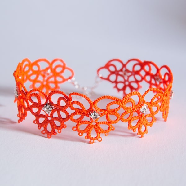 NEON Choker Necklace, Orange Choker with Strass, Blacklight Necklace, Rave Festival Uv Active Jewelry, Colorful Choker, Tatting Choker