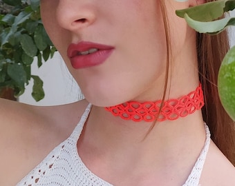 UV Halskette, Neon Statement Halskette, Rote Neon Choker Halskette, Festival Rave Kleidung, Schwarzlicht 80er Jahre Halskette, Tatting Lace Choker