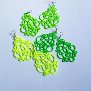 Green Neon Earrings, Tatted Earrings, Summer Earrings, UV Reactive Lace Earrings, Handmade Tatting Earrings