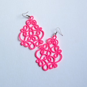 Pink Neon Earrings, Handmade Tatting Earrings for Summer, UV Reactive Pink Lace Earrings