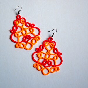 ORANGE RED NEON Earrings, Handmade Tatted Earrings, Cool Summer Earrings, Uv Reactive Lace Earrings, Two color Tatting earrings