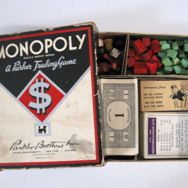 vintage Monopoly game parts, wooden dice tokens houses and hotels, complete except no board
