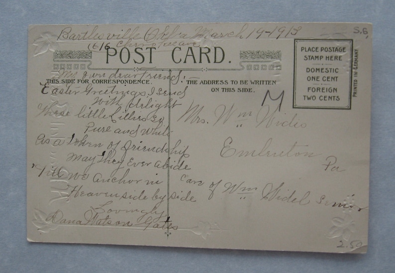 1913 A Peaceful Easter post card with additional layer cut out attached antique Easter Postcard flowers and bells addressed but unmailed