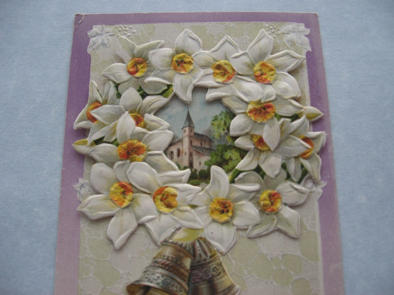 1913 A Peaceful Easter post card with additional layer cut out attached antique Easter Postcard flowers and bells addressed but unmailed