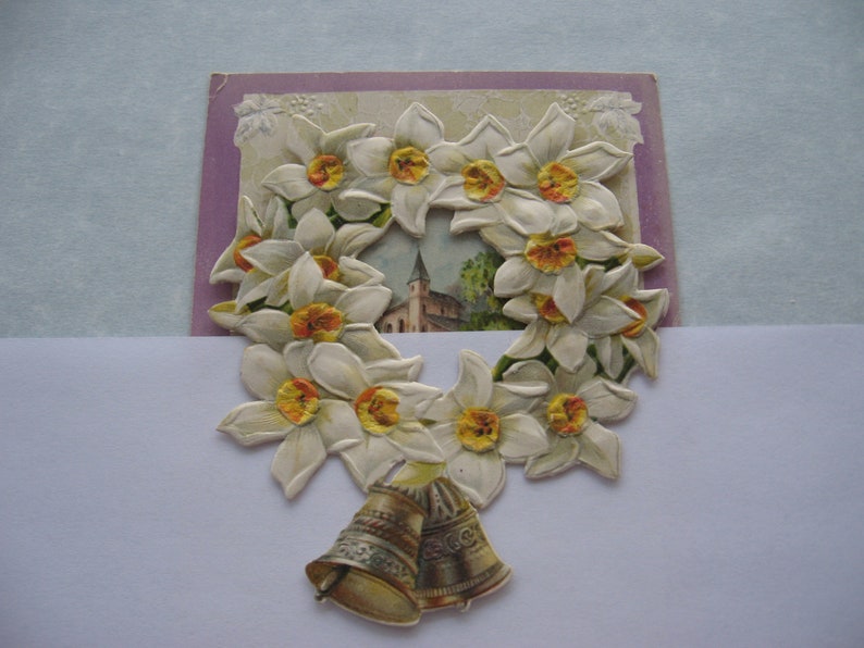 1913 A Peaceful Easter post card with additional layer cut out attached antique Easter Postcard flowers and bells addressed but unmailed