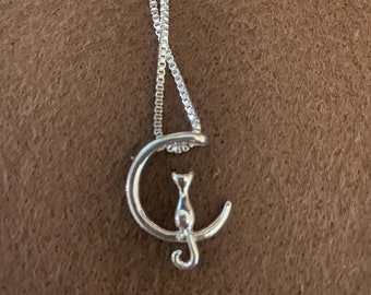 Cat on a Moon, Halloween Witchy  Sterling Silver Necklace