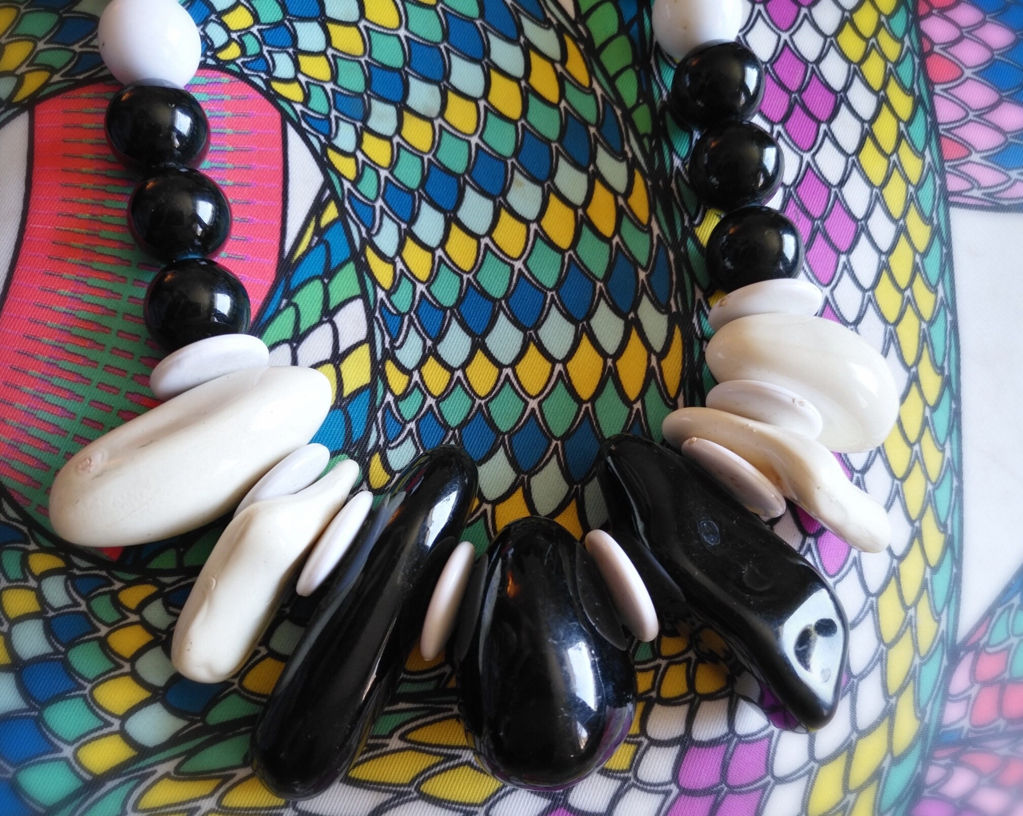 Black & White Chunky Plastic 'rocks' Vintage Statement Piece Necklace ...