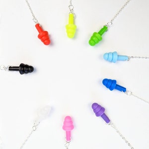 May include: A set of ten colourful earplugs on silver chains. The earplugs are in various colours, including red, yellow, green, blue, purple, and pink.