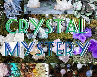 May include: A collage of various crystals and gemstones, including amethyst, clear quartz, green aventurine, and blue kyanite. The image features the text "CRYSTAL MYSTERY".
