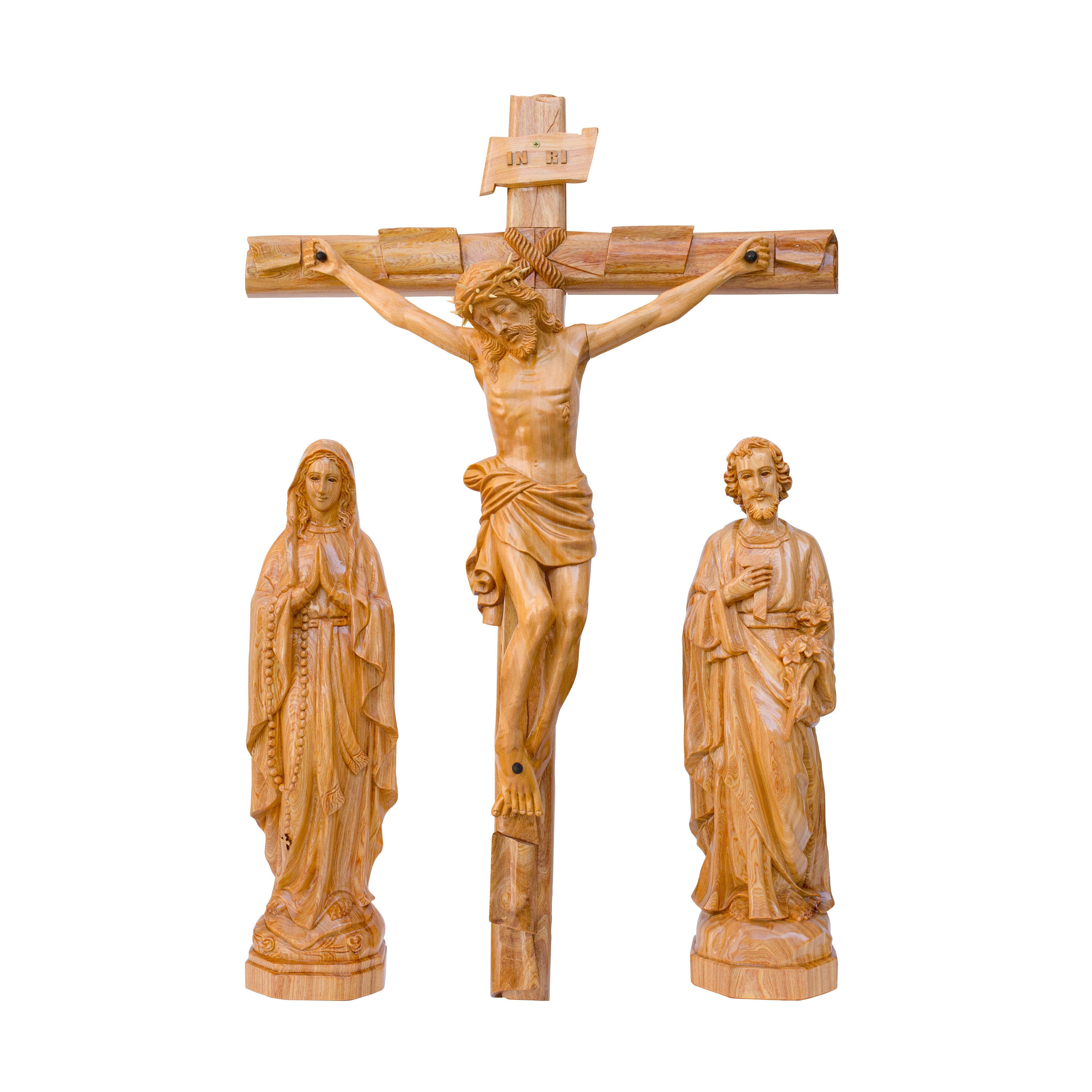Hand Carved Wood Catholic Home Altar: St. Joseph, Our Mother, Crucifixion Statue