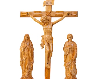 Carved Wood Catholic Home Altar: Saint Joseph, Saint Mary, Christ Crucifixion