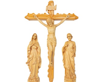 Catholic Home Altar: Wooden Jesus Crucifix, Saint Mary & Joseph Statues
