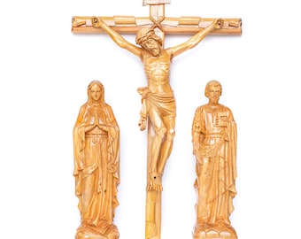 Carved Wood Catholic Home Altar: Saint Joseph, Saint Mary, Christ Crucifixion
