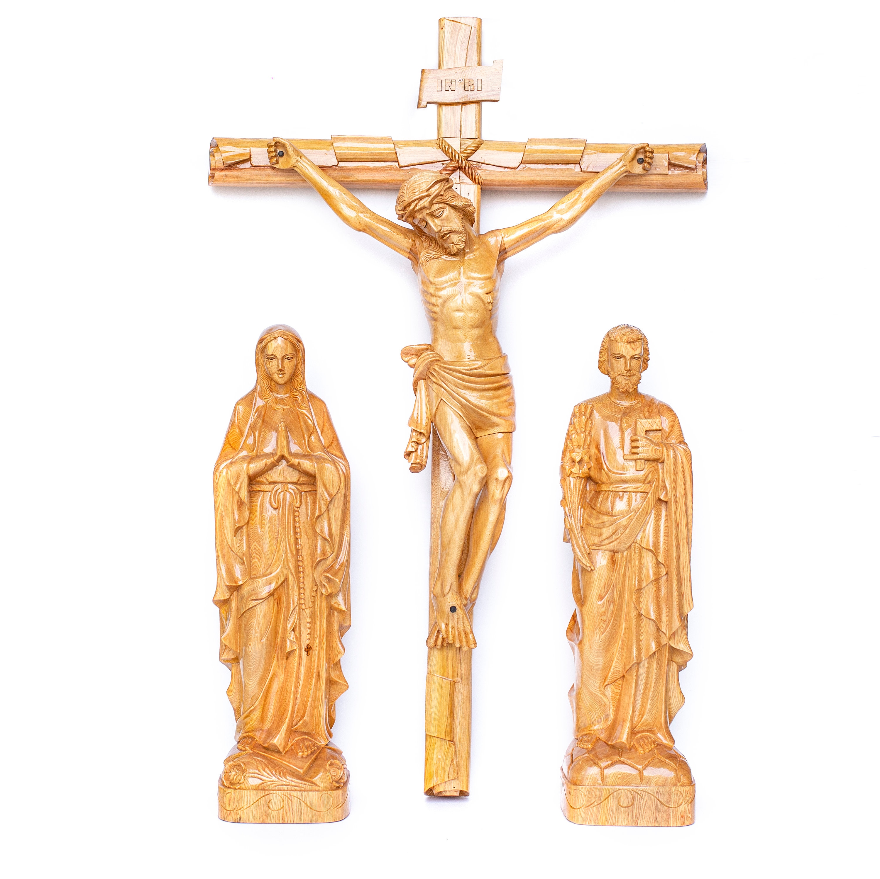 Carved Wood Catholic Home Altar Saint Joseph, Mary, Christ Crucifixion