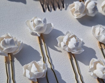 BIANCA hairpins, porcelain flower hairpins with freshwater pearls, wedding hair accessories, hair slide, bohemian hair clips