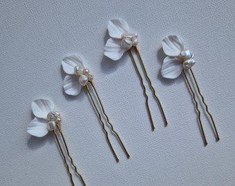 CORA bridal hairpins with petals and freshwater pearls, wedding hair accessories, floral porcelain hairpins