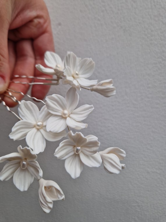 Floral Bridal Hairpins | White Clay Flowers, Freshwater  display picture 2