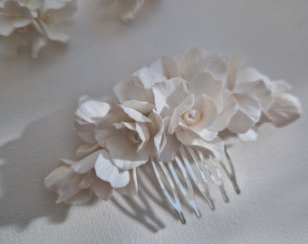 STELA | Bridal hair comb, white flower hair slide, wedding hair clip with clay flowers, floral hair piece, wedding hair accessories