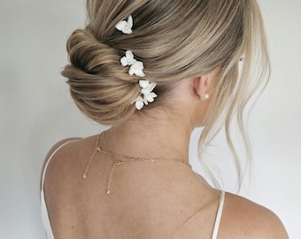 LUCY Handmade Clay Flower Bridal Hair Pins with Pearls | White Wedding Hairpins | Floral Bridal Hair Accessories | Made to Order UK