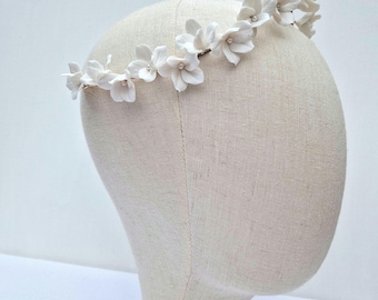Handmade Clay Flower Bridal Headband | Pearl Accent, Boho Wedding Hairpiece
