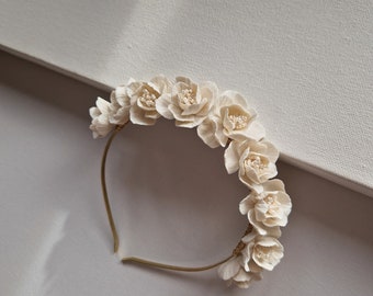 ELSA Floral Bridal Headband | White Clay Flower Hairpiece, Wedding Accessory
