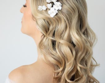 LISA Floral Bridal Hair Pins: White Clay Flower Wedding Hair Accessories