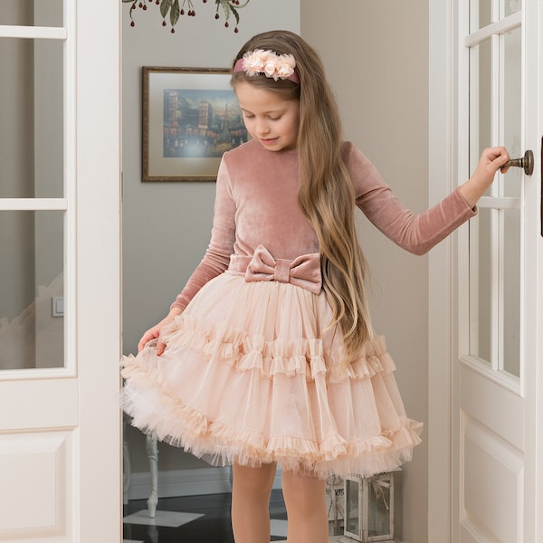 robe en tulle à manches longues, robe de soirée filles, robe d'anniversaire, premier anniversaire, robe de bouquetière, luxe, robe de bébé, robe de demoiselle d'honneur, velours