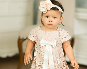 NOW ONLY WHITE, girls lace dress, christening dress, baptism gown, baptism dress, flowergirl dress, white lace dress, luxury dress, big bow