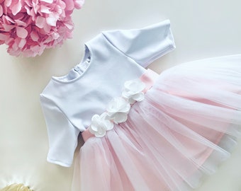 White and pink flowergirl dress, christening gown bapstism dress, baby girls dress pink bow