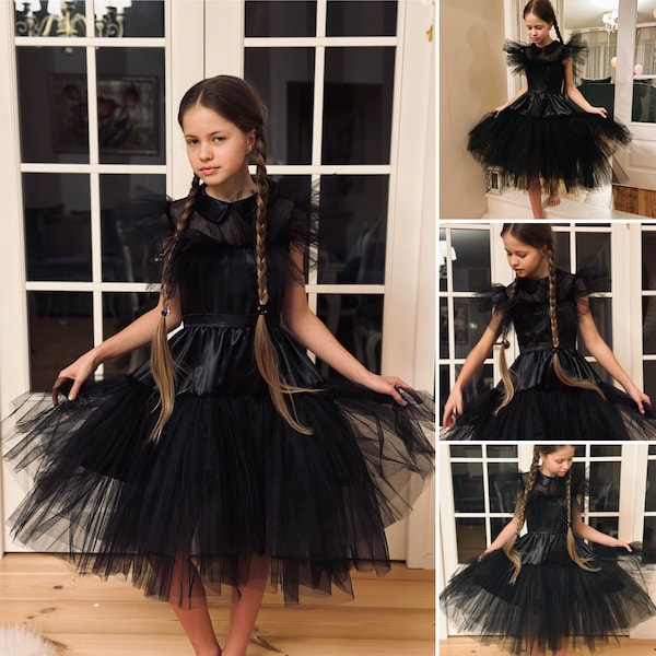 Mercredi robe meilleure qualité à la main en tulle noir filles anniversaire