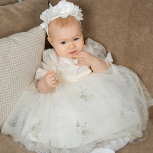 Christening gown baptism dress ceremony silk dress. Ivory lace luxury girls dress tulle dress white headband baptism gown