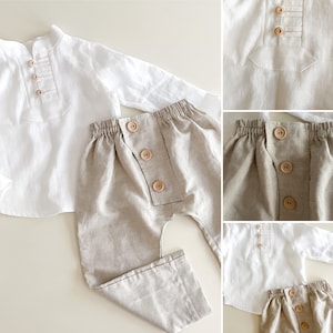 Christening baptism boys natural linen trousers and shirts set