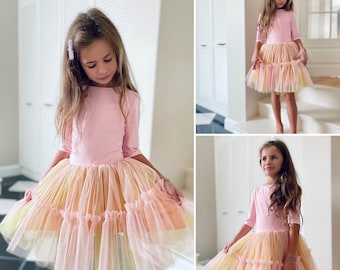 lange Ärmel Tüllkleid, Mädchen Partykleid, Geburtstagskleid, erster Geburtstag, Flowergirl Kleid, Luxus, Babykleid, rosa Blumen mädchen Kleid