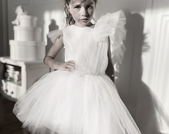 white tulle dress, girls dress, baptism dress, birthday dress, first birthday, flowergirl dress, baptism gown, baby dress, flower girl dress