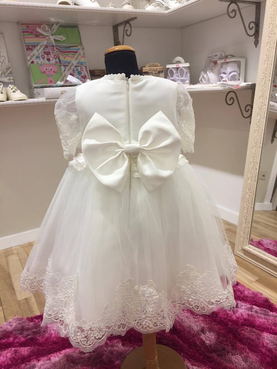 Christening gown baptism dress ceremony white lace luxury baby girls  dress tulle dress with big bow baptism gown lace dress