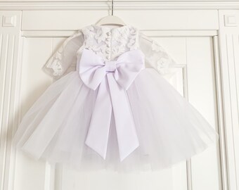White flowergirl dress, christening gown baptism dress, baby girls dress