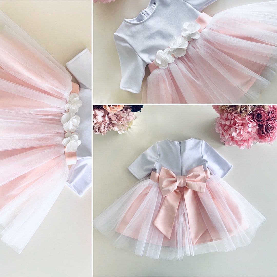 Robe de bouqueti?�re blanche et rose, robe de bapt??me robe de bapt??me, b?�b?� filles robe noeud 