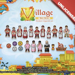Puede incluir: Un juego de pegatinas para el juego de mesa Village Big Box. El juego incluye pegatinas de personajes, escudos, un barco y otros componentes del juego. Las pegatinas presentan una variedad de colores y diseños.