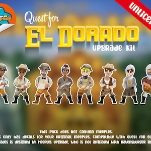 Puede incluir: Un conjunto de ocho pegatinas de meeples exploradores coloridos para el juego de mesa Quest for El Dorado. Las pegatinas están diseñadas para ser usadas con los meeples originales del juego. El texto en la imagen dice "Quest for El Dorado Upgrade Kit" y "Este paquete solo tiene calcomanías para tus meeples originales, compatibles con Quest for El Dorado. Esta actualización está diseñada por Meeples Upgrade, que no está afiliado a Ravensburger de ninguna manera."