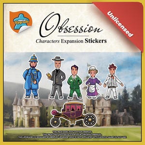 May include: A set of colorful character stickers for the board game Obsession. The stickers feature a variety of characters, including a man in a blue uniform, a man in a black suit, a man in a green shirt, a woman in a purple dress, and a man in a white shirt. The stickers are designed to be placed on the game's meeples.