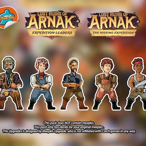 Puede incluir: Cinco pegatinas de meeple de personajes coloridos para el juego de mesa Lost Ruins of Arnak. Las pegatinas son para las expansiones Expedition Leaders y The Missing Expedition. Las pegatinas están diseñadas por Meeples Upgrade.