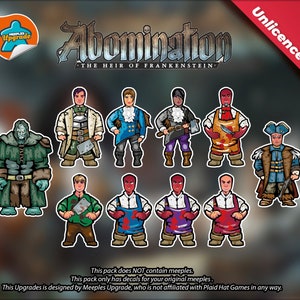 Pode incluir: Um conjunto de 10 adesivos coloridos com personagens do jogo de tabuleiro "Abomination: The Heir of Frankenstein". Os adesivos são projetados para serem colocados em meeples, adicionando um toque único e temático ao jogo.