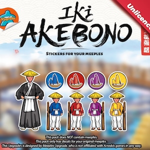 Könnte beinhalten: Ein Satz von sechs bunten Aufklebern mit einer Comicfigur, die einen Strohhut trägt und einen Holzstab hält. Die Aufkleber sind für das Brettspiel "Iki AKEBONO" gedacht und sollen als Spielfiguren verwendet werden. Der Text "Unlicenced 拡張曙" befindet sich in der oberen rechten Ecke des Bildes.