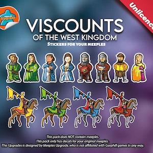 Puede incluir: Un conjunto de pegatinas para el juego de mesa Viscounts of the West Kingdom. Las pegatinas representan diferentes personajes y caballeros a caballo. Las pegatinas están diseñadas para ser usadas en meeples.