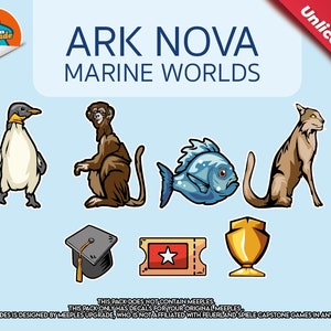 Może przedstawiać: Zestaw naklejek do gry planszowej Ark Nova: Marine Worlds, przedstawiający ilustracje pingwina, małpy, ryby, kota, czapki absolwenta, biletu i trofeum. Widoczny jest tekst "ARK NOVA MARINE WORLDS".