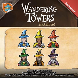 Puede incluir: Un juego de pegatinas para el juego "Wandering Towers" con ilustraciones de personajes que llevan sombreros de mago. Las pegatinas están sobre un fondo de pergamino. El texto "Wandering Towers Stickers set" se muestra en la parte superior.