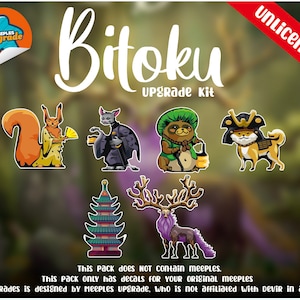 May include: A set of Bitoku upgrade kit meeple decals featuring a squirrel, cat, panda, dog, pagoda, and deer. The decals are designed for the Bitoku board game and are not affiliated with Devir.